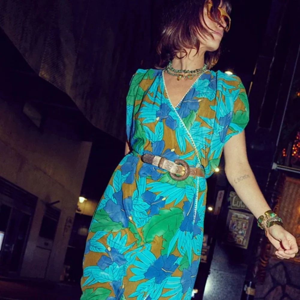 Chasing Unicorns Blue Green Floral Asymmetrical Dress with Tiger Motif